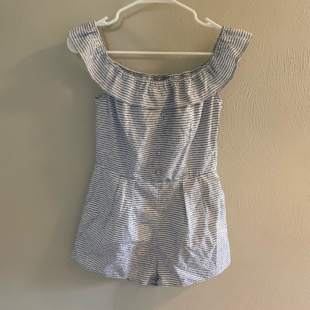 Romeo & Juliet Couture Off the Shoulder Blue and White Striped Romper